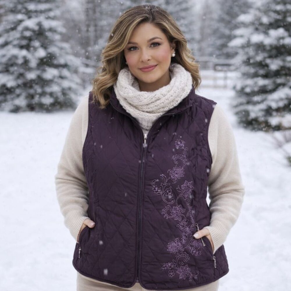 Eddie Bauer Sz XL Premium Goose Down Quilted Vest Purple Embroidered Comfort